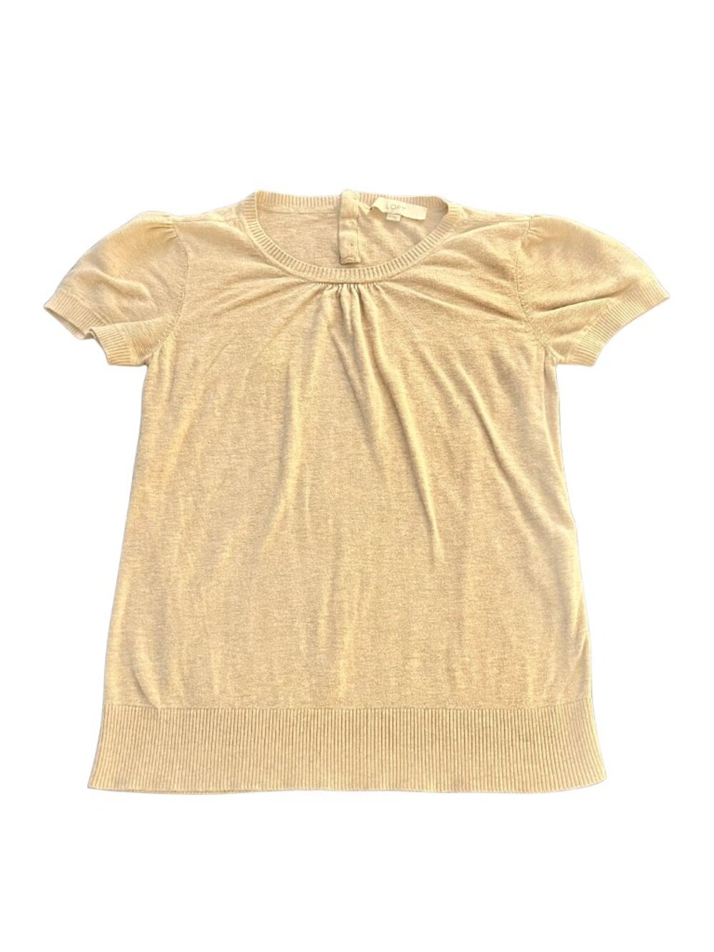 LOFT Cream Colored Short Puff Sleeve Gathered Neckline Knit Sweater, Size M